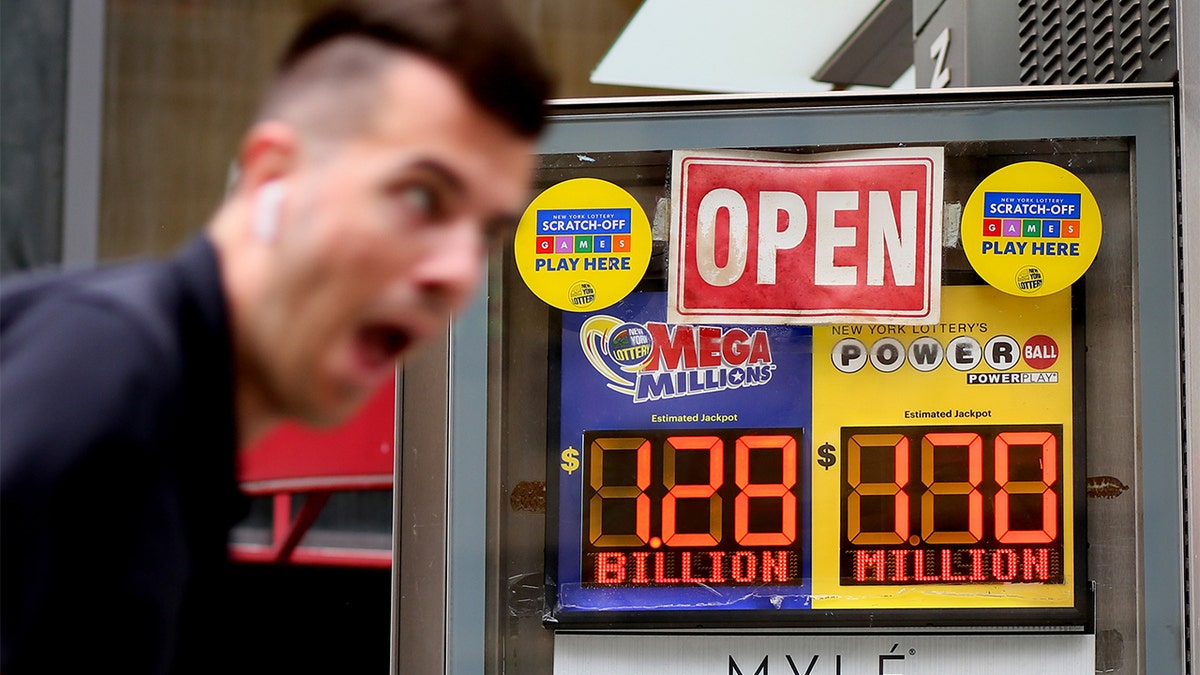 Mega Millions jackpot lottery sign is seen in New York
