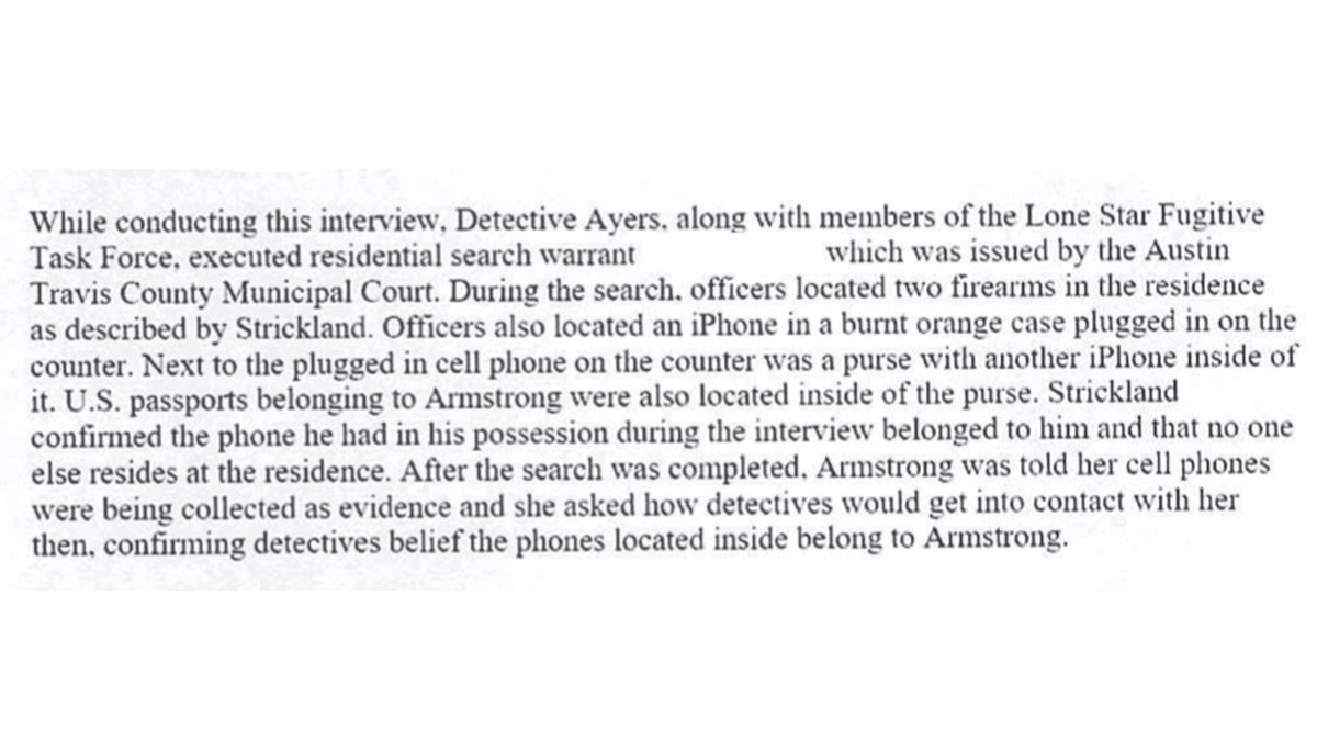 Screenshot showing part of a search warrant served on Texas cycling murder suspect Kaitlin Armstrong in May