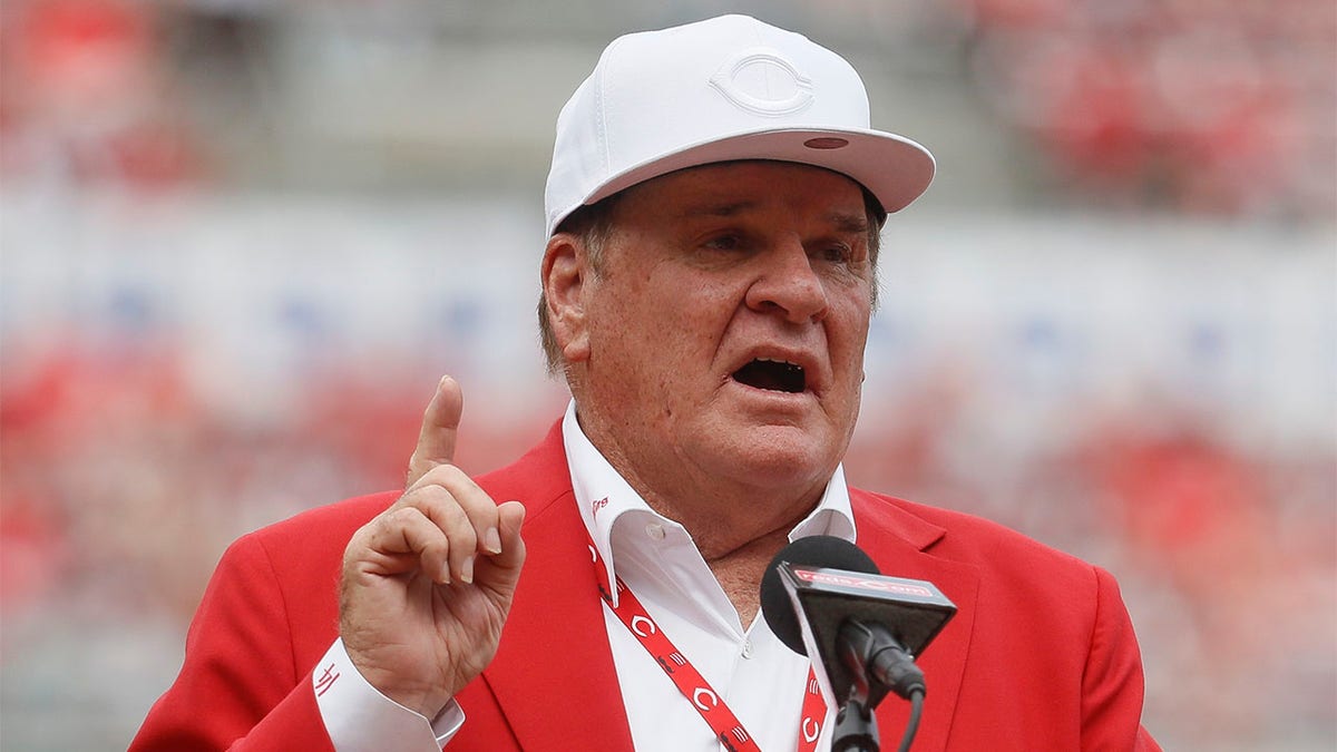 Pete Rose speaks at Reds game