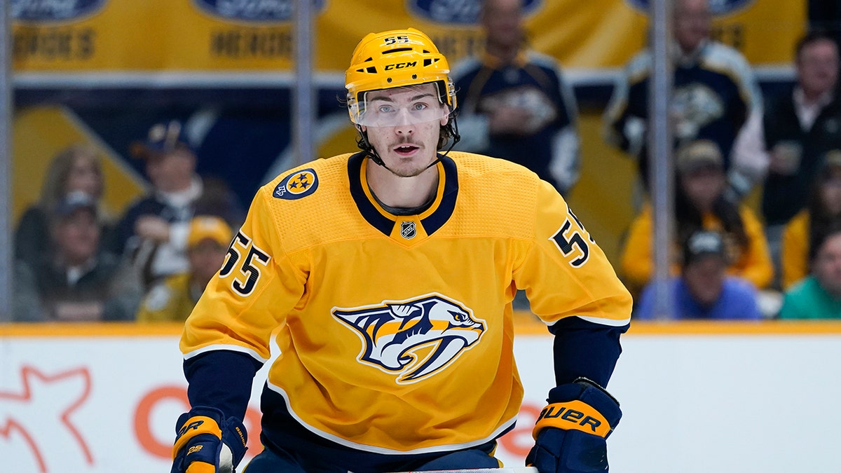 Philippe Myers plays for the Predators in March 2022