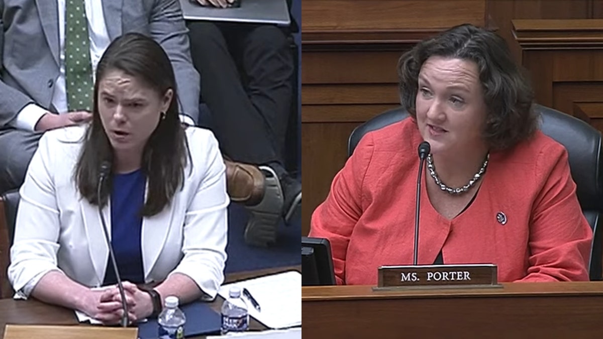 Side-by-side image of Heritage Foundation expert Amy Swearer and Rep. Katie Porter