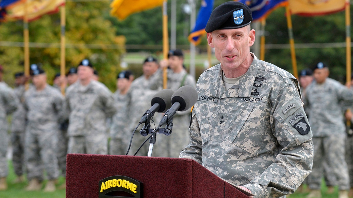 Retired Gen. Gary Volesky speaks in 2014