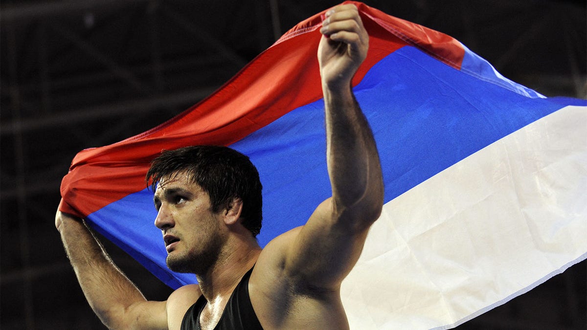 Shirvani Muradov celebrates with Russian Flag