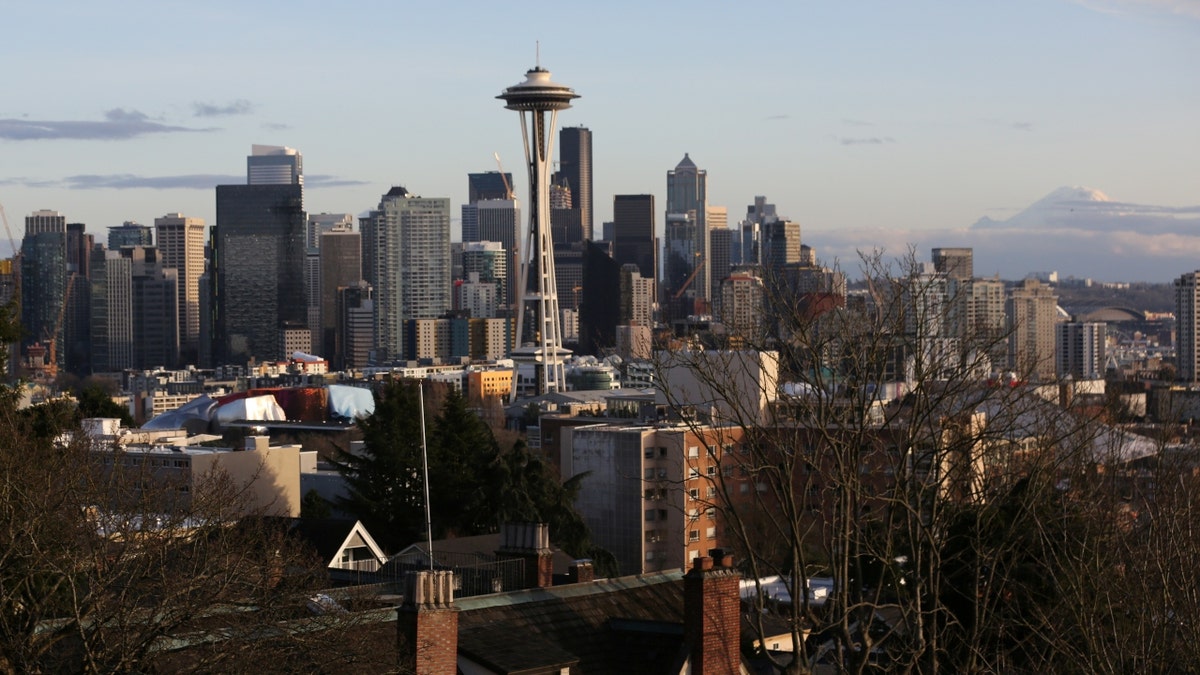 seattle skyline in daylight, space needle at center