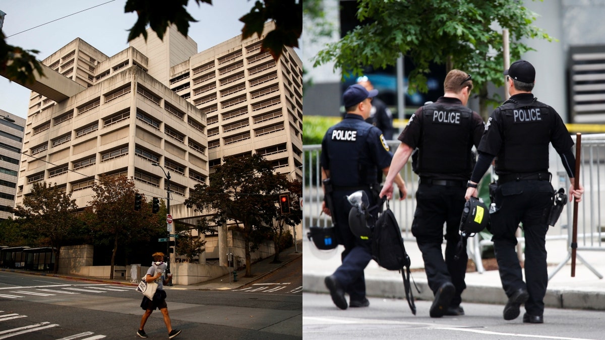 Photos of Seattle police officers walking on street next to photo of King County Jail 