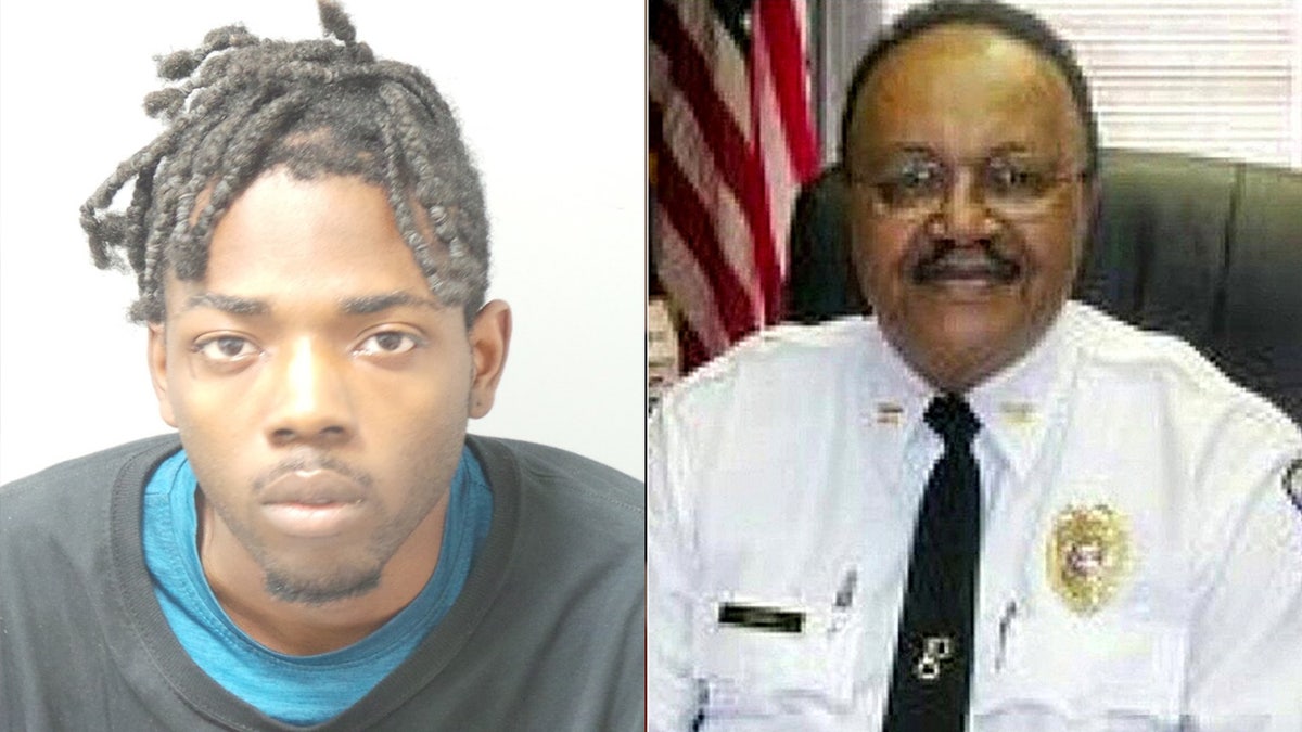 Stephan Cannon in a mugshot and David Dorn seated in police uniform at his desk