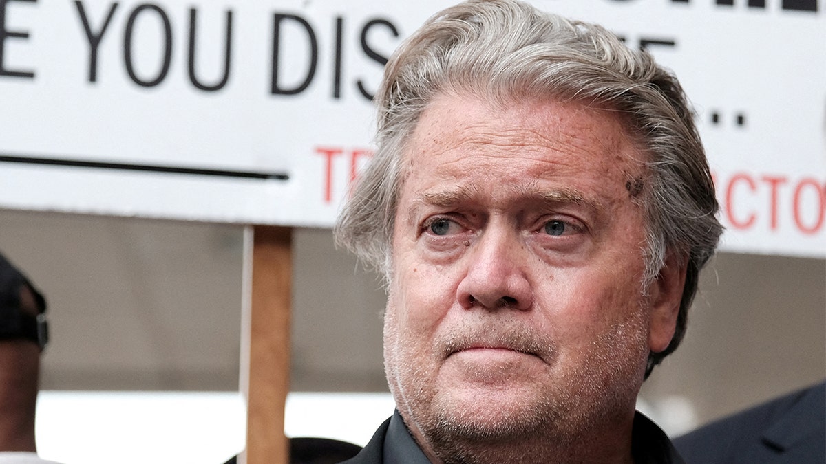 Steve Bannon speaks outside the federal courthouse in Washington