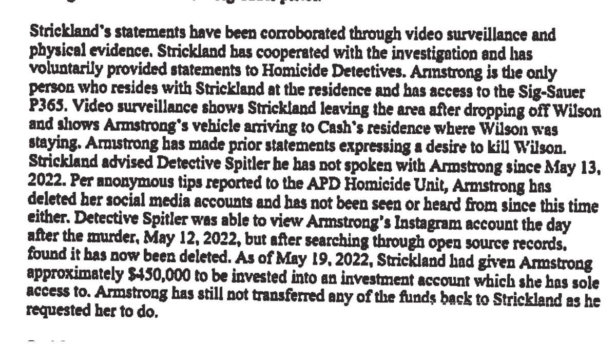 Screen shot of a search warrant stating Colin Strickland told police he gave Kaitlin Armstrong $450,000 to invest with.