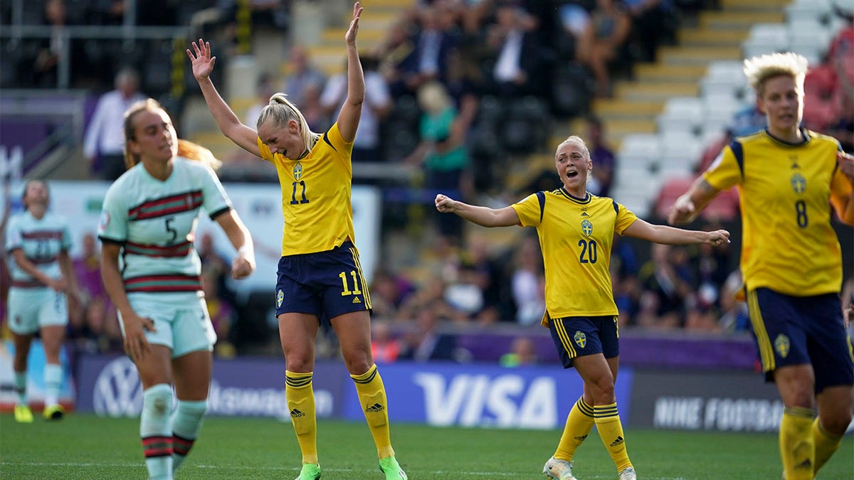 Stina Blackstenius reacts after scoring goal