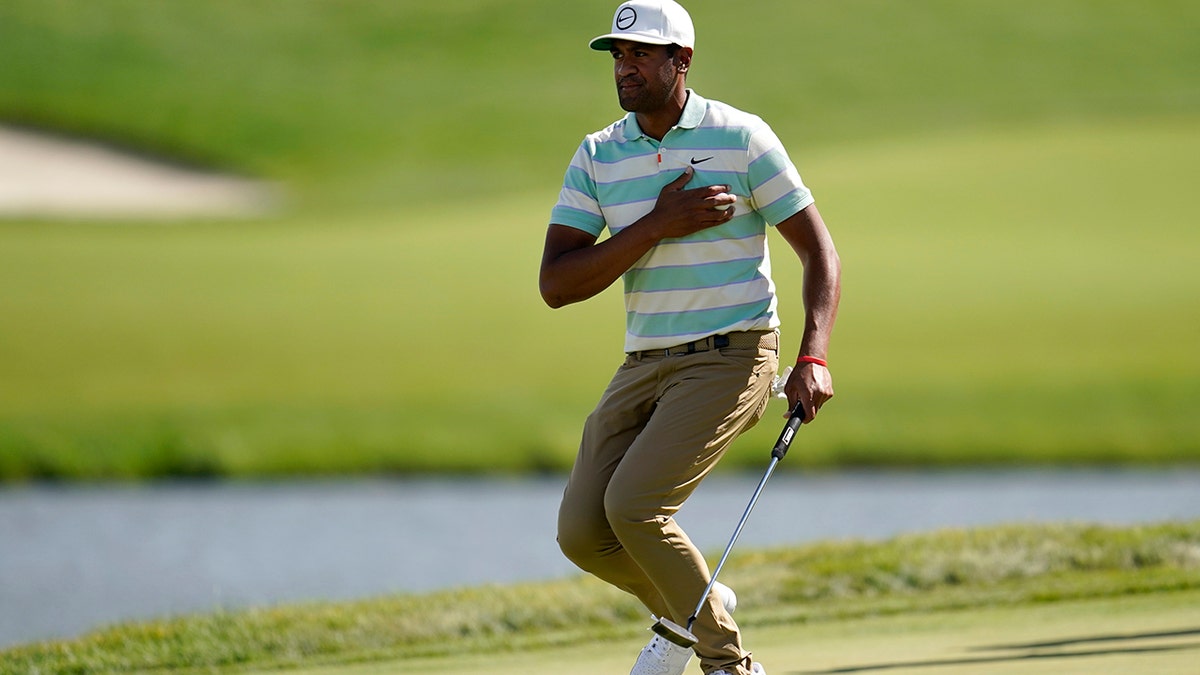 Tony Finau reacts to a putt