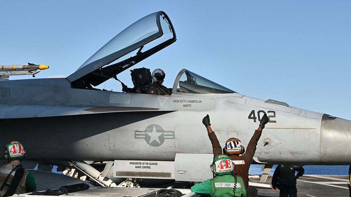 F/A-18 Hornet fighter jet seen on USS Harry S. Truman deck in Mediterranean Sea