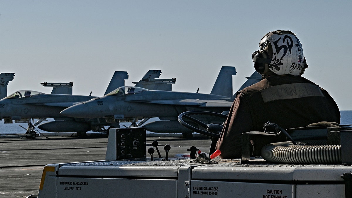 F/A-18 Hornet fighter jets seen on USS Harry S. Truman deck in Mediterranean Sea