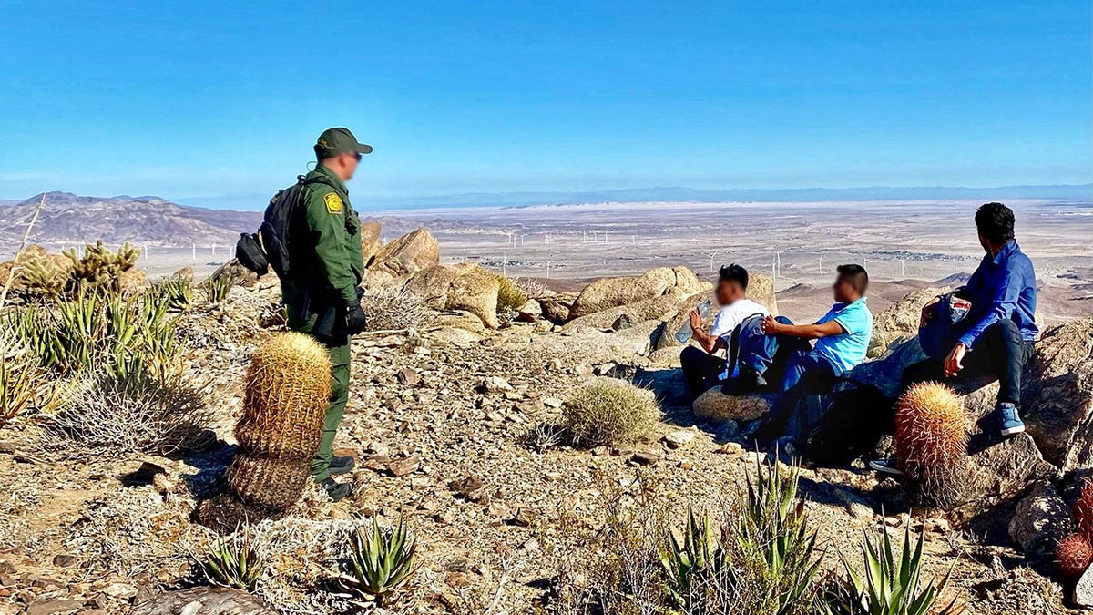 Border agent standing on mountain with migrants