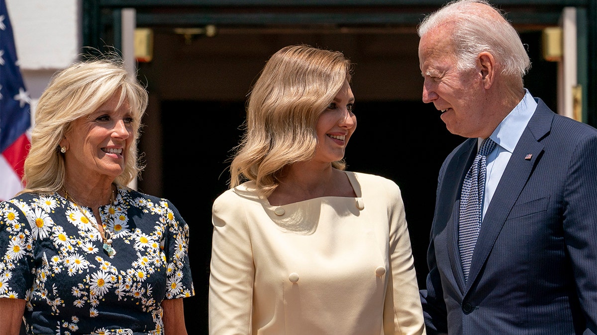 Ukrainian first lady Olena Zelenska greets President Biden and US first lady Jill Biden at the White House