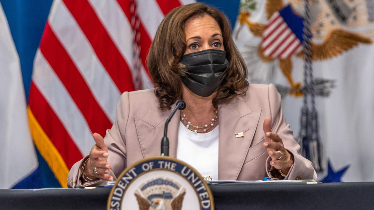 Vice President Kamala Harris speaking behind the presidential seal wearing a mask and a suit