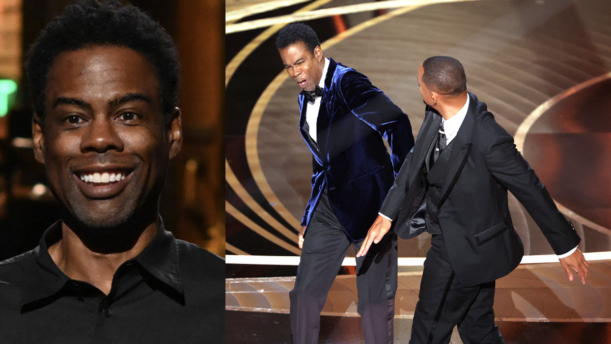 A split photo of Chris Rock with Will Smith slapping Rock at the Oscars