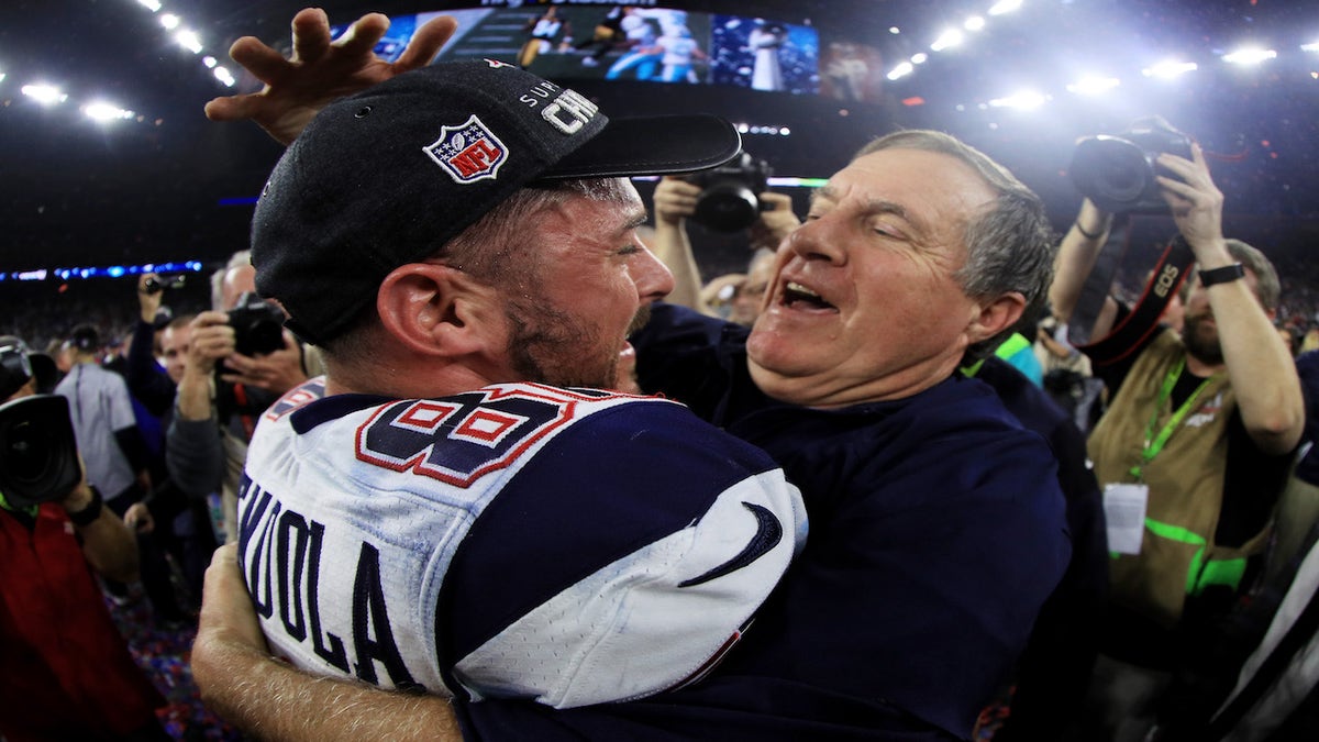 Bill Belichick and Danny Amendola celebrate winning Super Bowl.