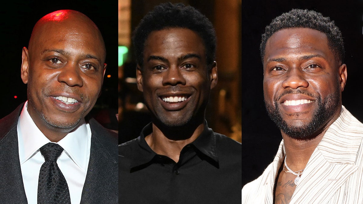A split photo showing Dave Chappelle, Chris Rock and Kevin Hart