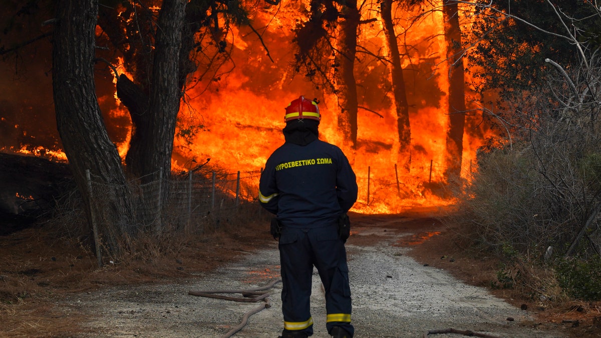 Fireman stands in front of a blaze in Greece