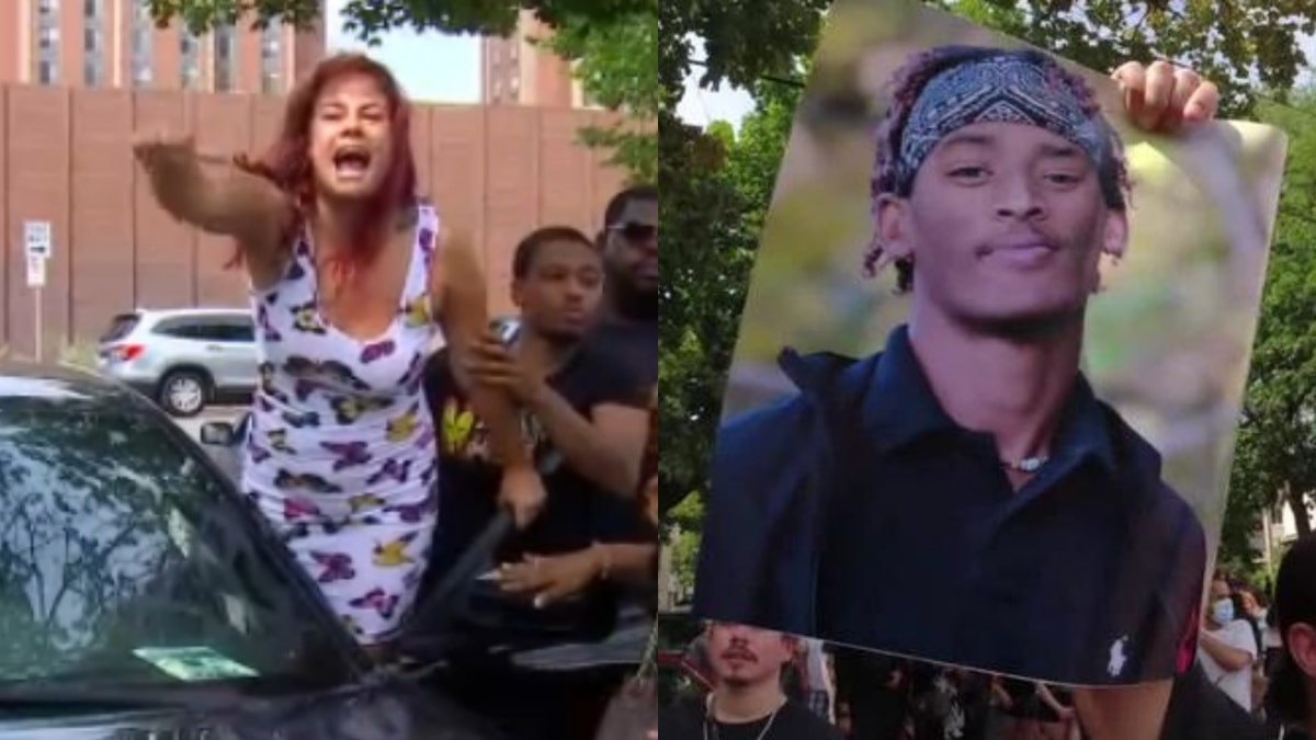 Side-by-side photos of mother Arabella Foss-Yarbrough confronting protesters calling for justice over the death of Andrew Sundberg, next to photo of protester holding photo of Sundberg