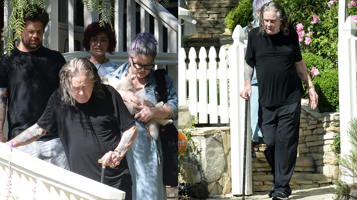 Ozzy Osbourne used a cane while making his way down stairs with his kids in LA