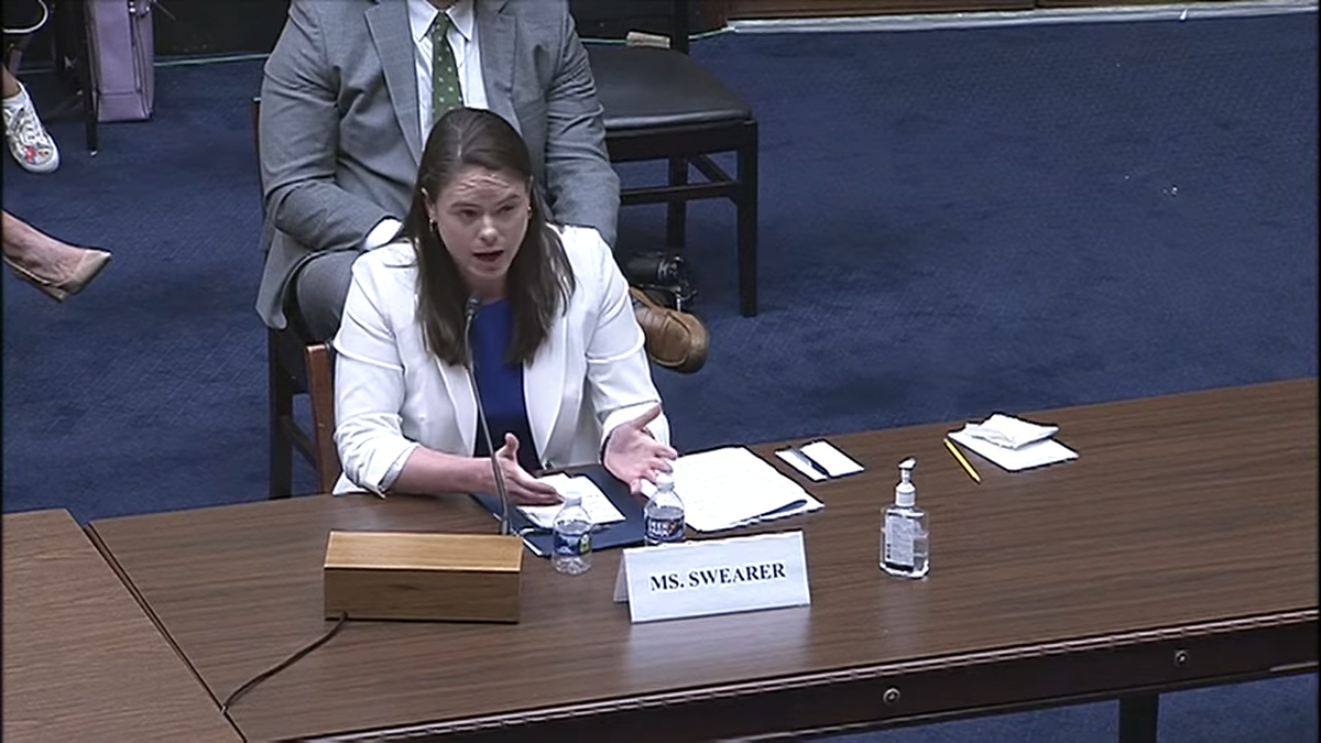 Heritage Foundation's Amy Swearer answering questions at congressional hearing