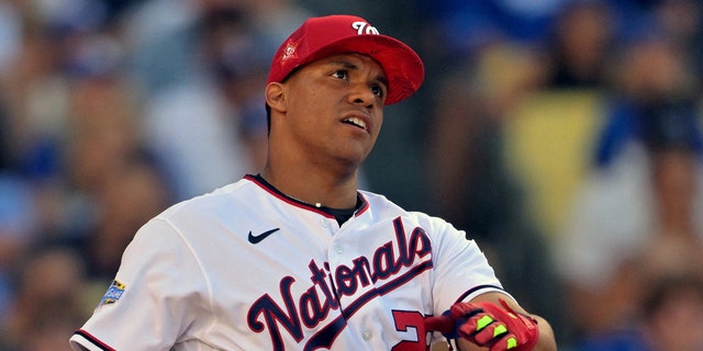 July 18, 2022;  Los Angeles, CA, USA;  Washington Nationals right fielder Juan Soto (22) reacts after being hit in the first round during the 2022 home run derby at Dodgers Stadium.