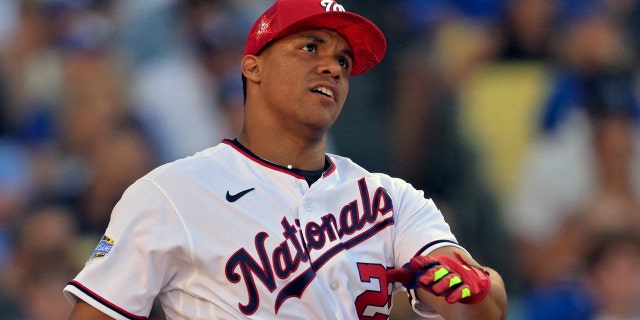 July 18, 2022; Los Angeles, CA, USA; Washington Nationals right fielder Juan Soto (22) reacts after hitting the first round of the 2022 Home Run Derby at Dodgers Stadium.