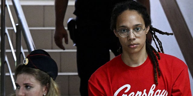 WNBA basketball superstar Brittney Griner arrives for a hearing at Khimki Court near Moscow on July 7, 2022.