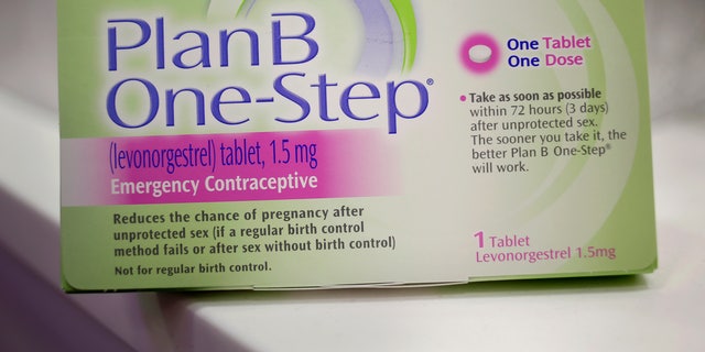 A Plan B One-Step emergency contraceptive kit is on display in New York.