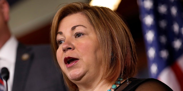 Rep.  Linda Sanchez, D.C., speaks at a press conference on Capitol Hill in Washington.  29, 2017. 