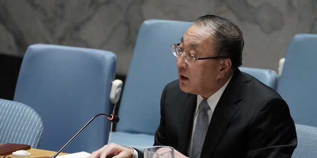 Zhang Jun, Chinese Ambassador to the United Nations, speaks at a meeting of the Security Council on Afghanistan at the United Nations Headquarters in Manhattan, New York, on March 10, 2020. 