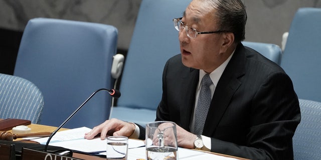 Zhang Jun, China's ambassador to the United Nations, speaks during a Security Council meeting at U.N. headquarters in New York on March 10, 2020.