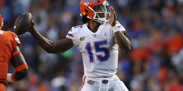 Florida Gators quarterback Anthony Richardson, #15, makes a pass attempt during the Florida Spring football game on Thursday, April 14, 2022 at Ben Hill Griffin Stadium at Florida Field in Gainesville, FL.