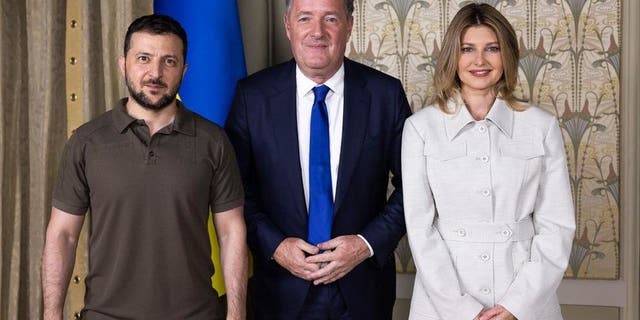 Ukrainian President Volodymyrr Zelenksyy, Piers Morgan and Ukrainian First Lady Olena Zelenska.