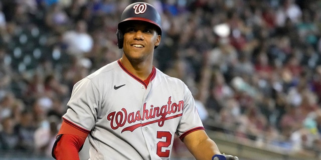 Washington Nationals' Juan Soto reacts after walking for the second time against the Arizona Diamondbacks in the third inning during a game on July 24, 2022, in Phoenix.