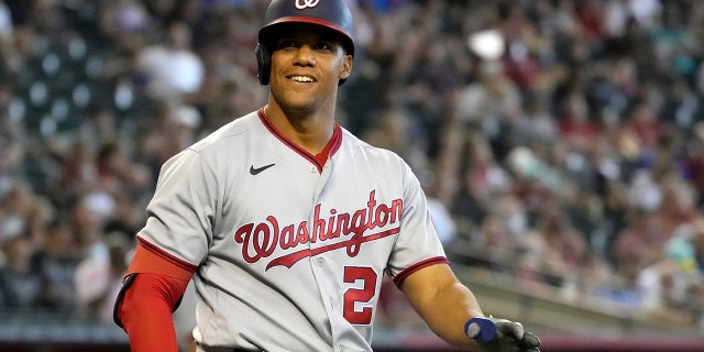 Washington Nationals' Juan Soto reacts after walking for the second time against the Arizona Diamondbacks in the third inning during a game on July 24, 2022, in Phoenix.