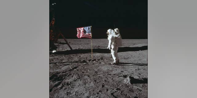 U.S. flag on moon Apollo 11 mission