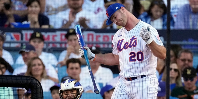 Pete Alonso of the New York Mets National League will react at the MLB All-Star Baseball Home Run Derby on Monday, July 18, 2022 in Los Angeles.