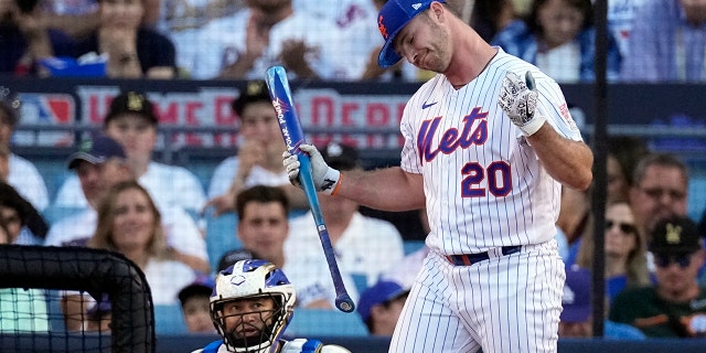 Pete Alonso of the National League of the New York Mets reacts during the All-Star Baseball MLB home run derby on Monday, July 18, 2022 in Los Angeles.