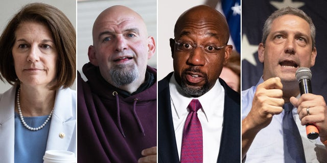 From left: Sen. Catherine Cortez Masto, D-Nev., Pennsylvania Democratic Senate nominee John Fetterman, Sen. Raphael Warnock, D-Ga., and Ohio Democratic Senate nominee Tim Ryan.