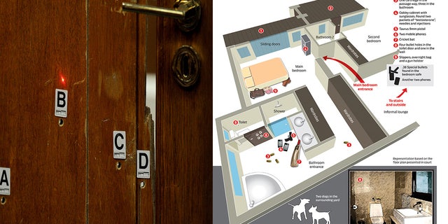 A photo combination of the bullet-riddled bathroom stall door that Oscar Pistorius shot through to kill Reeva Steenkamp, and, on the right, a floorplan of his home.