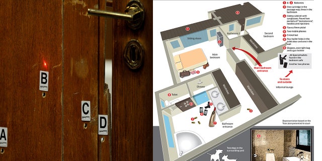 A photo combination of the bullet-riddled bathroom stall door that Oscar Pistorius shot through to kill Reeva Steenkamp, and, on the right, a floorplan of his home.