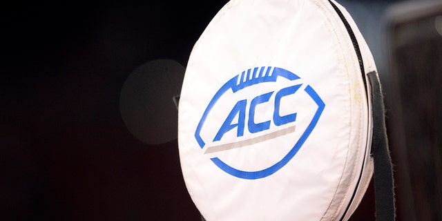 An ACC logo is seen on a yardage marker during the college football game between the Clemson Tigers and the Louisville Cardinals on November 6, 2021, at Cardinal Stadium in Louisville, Kentucky.