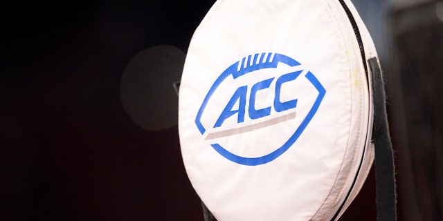 An ACC logo is seen on a yardage marker during the college football game between the Clemson Tigers and the Louisville Cardinals on November 6, 2021, at Cardinal Stadium in Louisville, Kentucky.