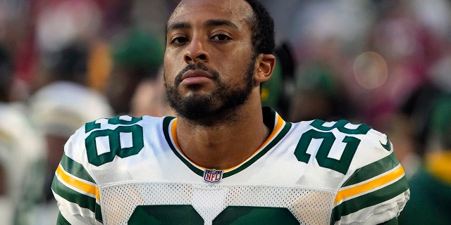 FILE - Green Bay Packers running back A.J. Dillon (28) is shown during the first half of an NFL football game against the Arizona Cardinals, Thursday, Oct. 28, 2021, in Glendale, Ariz.