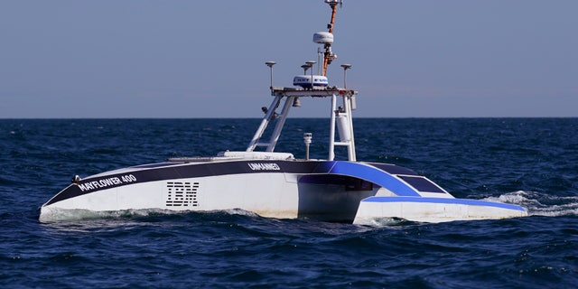 The Mayflower Autonomous Ship is seen sailing about twenty miles off the coast of Plymouth, Mass., after a crewless journey from Plymouth, England. 