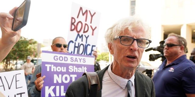 Attorney Rob McDuff, an attorney representing the Jackson Women's Health Organization, speaks with reporters, after arguing for a lawsuit filed by the state's only abortion clinic, to remain open by blocking a law that would ban most abortions in the state.