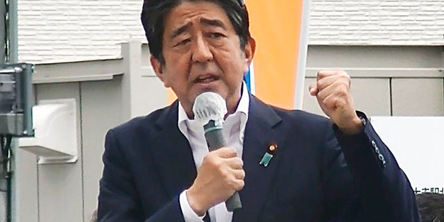 In this image from a video, Japan’s former Prime Minister Shinzo Abe makes a campaign speech in Nara, western Japan shortly before he was shot Friday, July 8, 2022. 