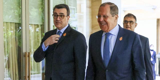 In this handout photo released by Russian Foreign Ministry Press Service, Russian Foreign Minister Sergey Lavrov, right, and Brazil Foreign Minister Carlos Alberto Franca walk during their bilateral meeting ahead of the G20 Foreign Ministers' Meeting in Nusa Dua, Bali, Indonesia, Friday, July 8, 2022. 